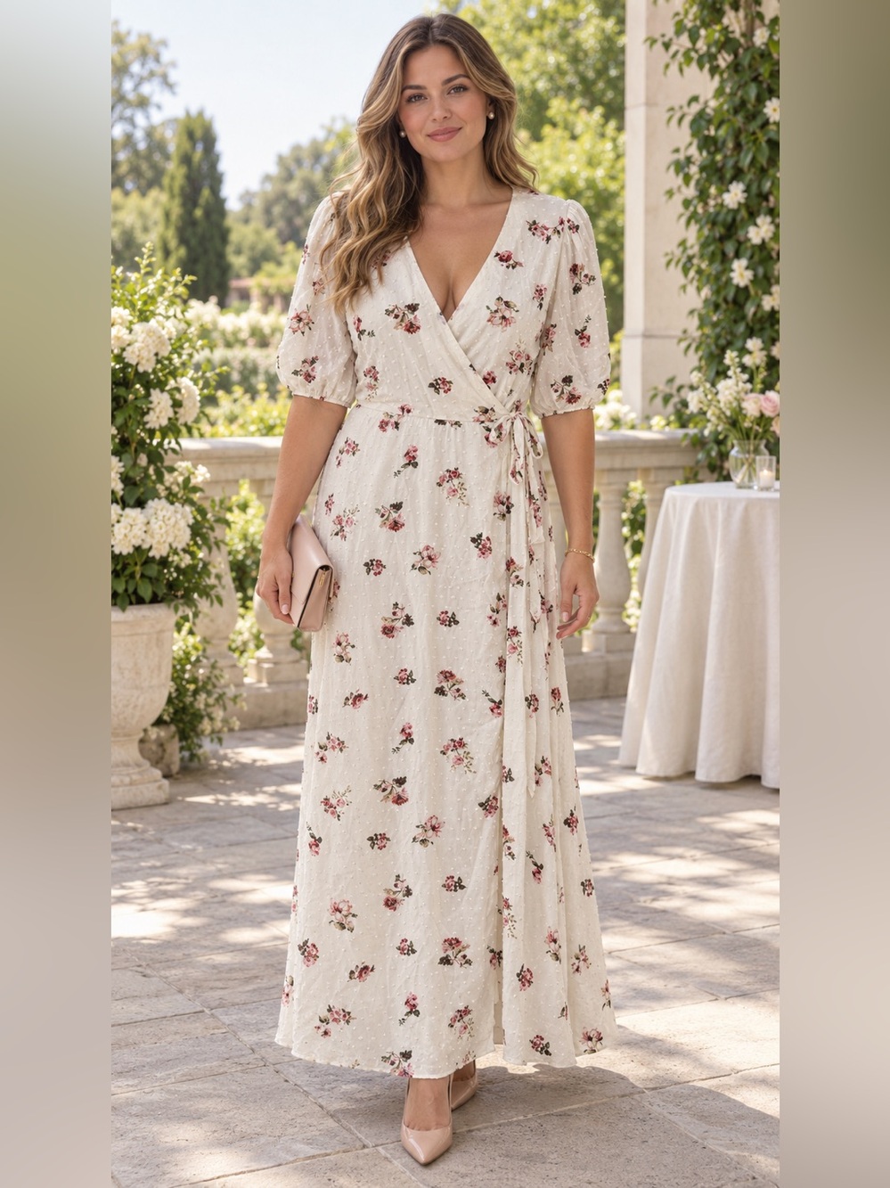 Everly Ivory Floral Swiss Dot Wrap Maxi Dress Cottagecore Large Event Euro Chic